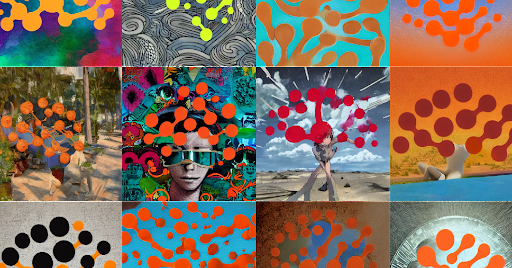 A gallery of Stable Diffusion generated art with the Determined AI logo